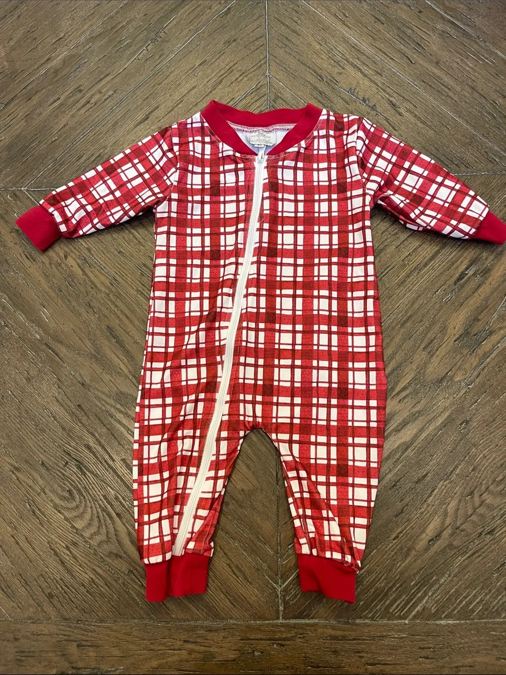 Sew Magnolias Smocks Red and White Plaid Zipper Sleeper With M on the Bottom